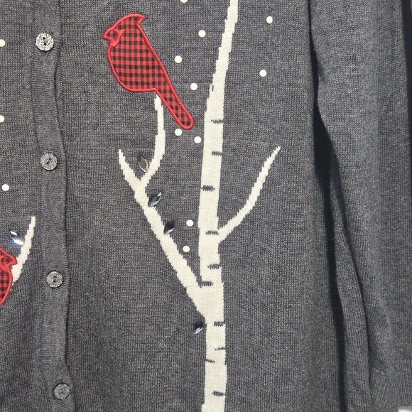 CJ Banks Gray Cardigan with Red Bird and Tree Design - Picture 4 of 7